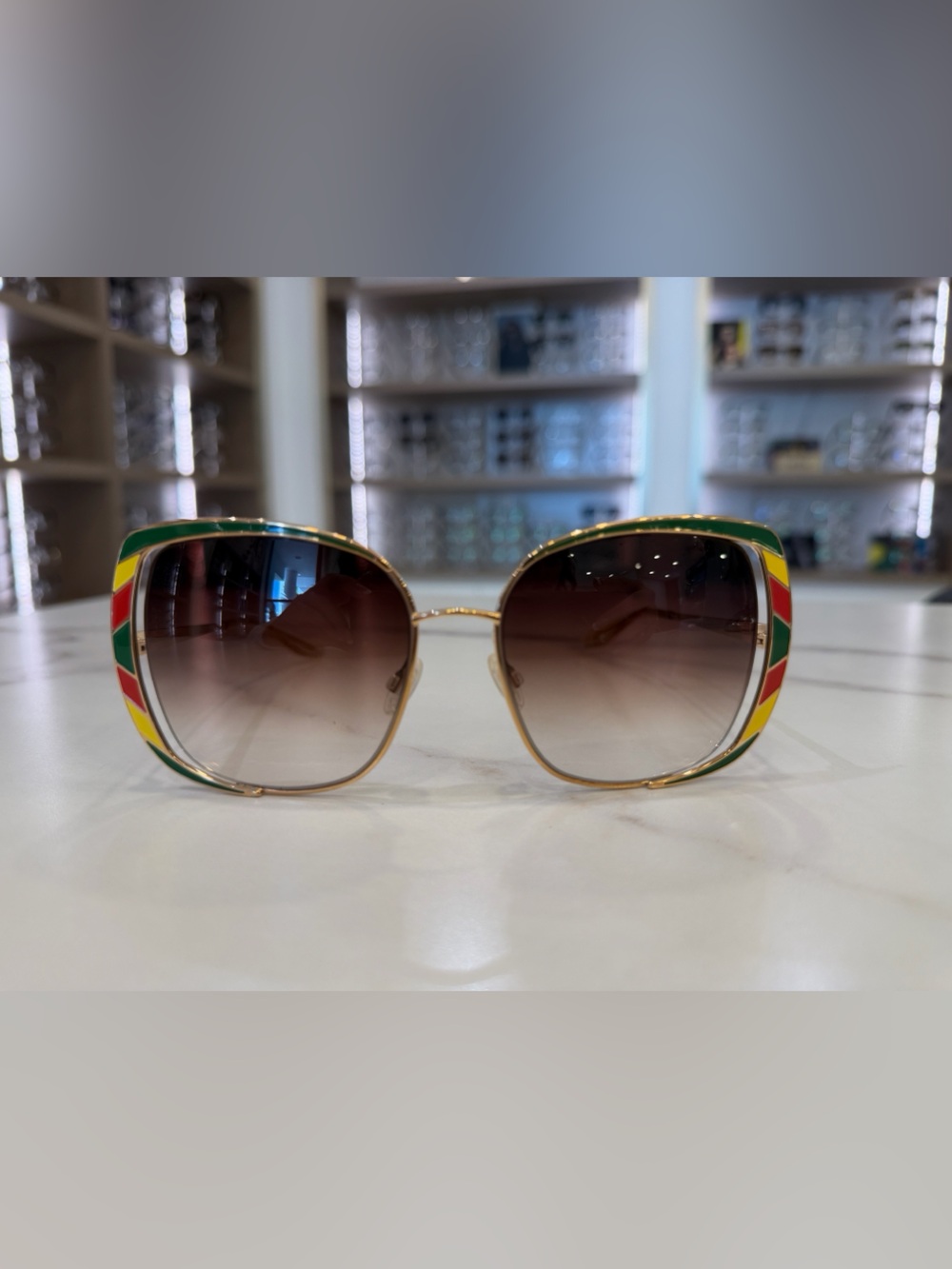 Rare Barton Perreira Gold Sunglasses with Green, Red & Yellow Accents- Arlequin